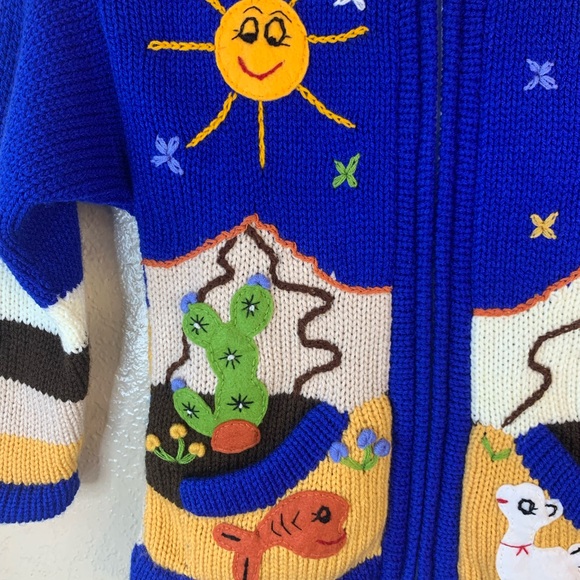Peruvian Wool Handmade Applique Embroidered Animal Scene Zip Up Sweater Size 6 - Picture 3 of 7